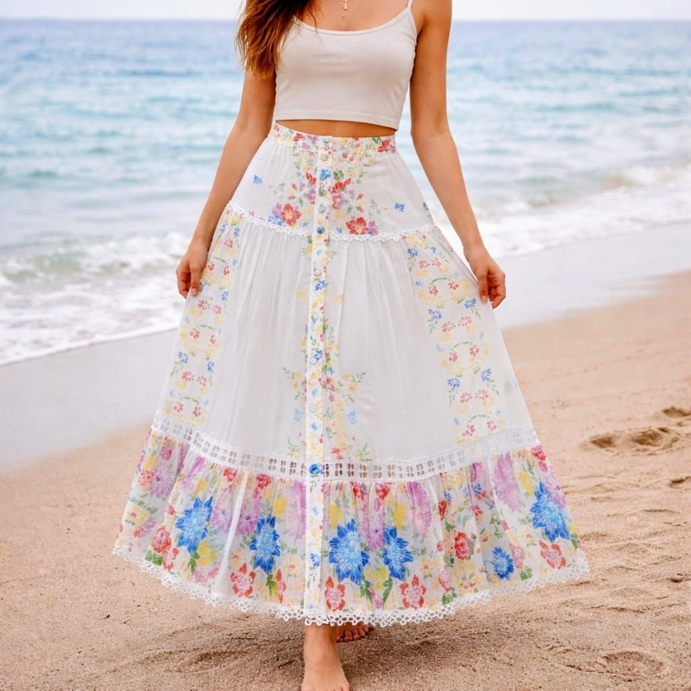 Charo Ruiz White Floral Garden Multi Colored Maxi/Midi Skirt, Cotton, NWT size M - Picture 14 of 15